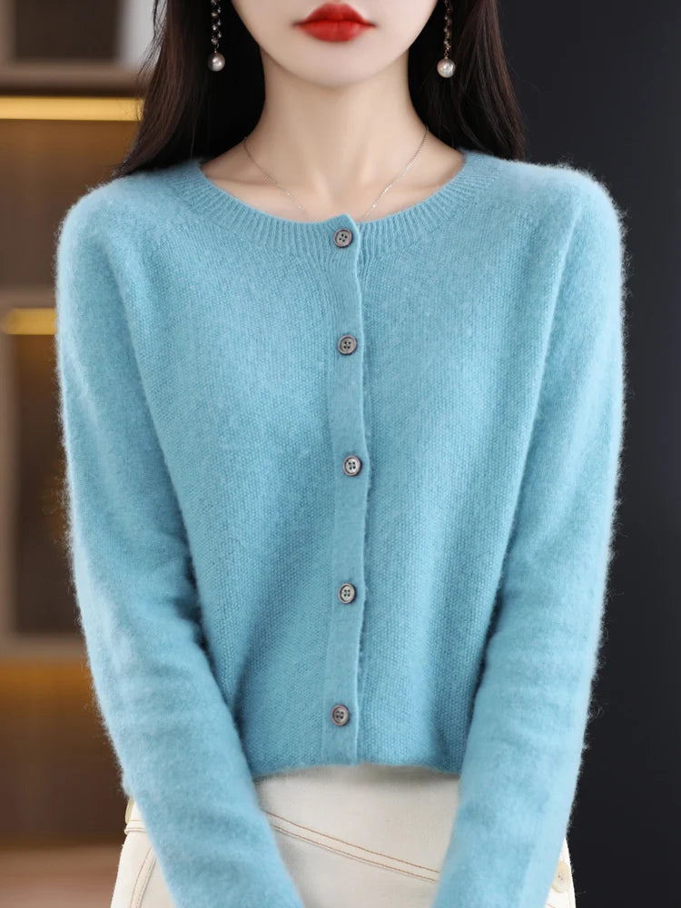 Aliselect Autumn Winter Women 100% Merino Wool Sweater O-Neck Tops Long Sleeve Basic Cashmere Knitwear Cardigan Clothing Coat SKY BLUE