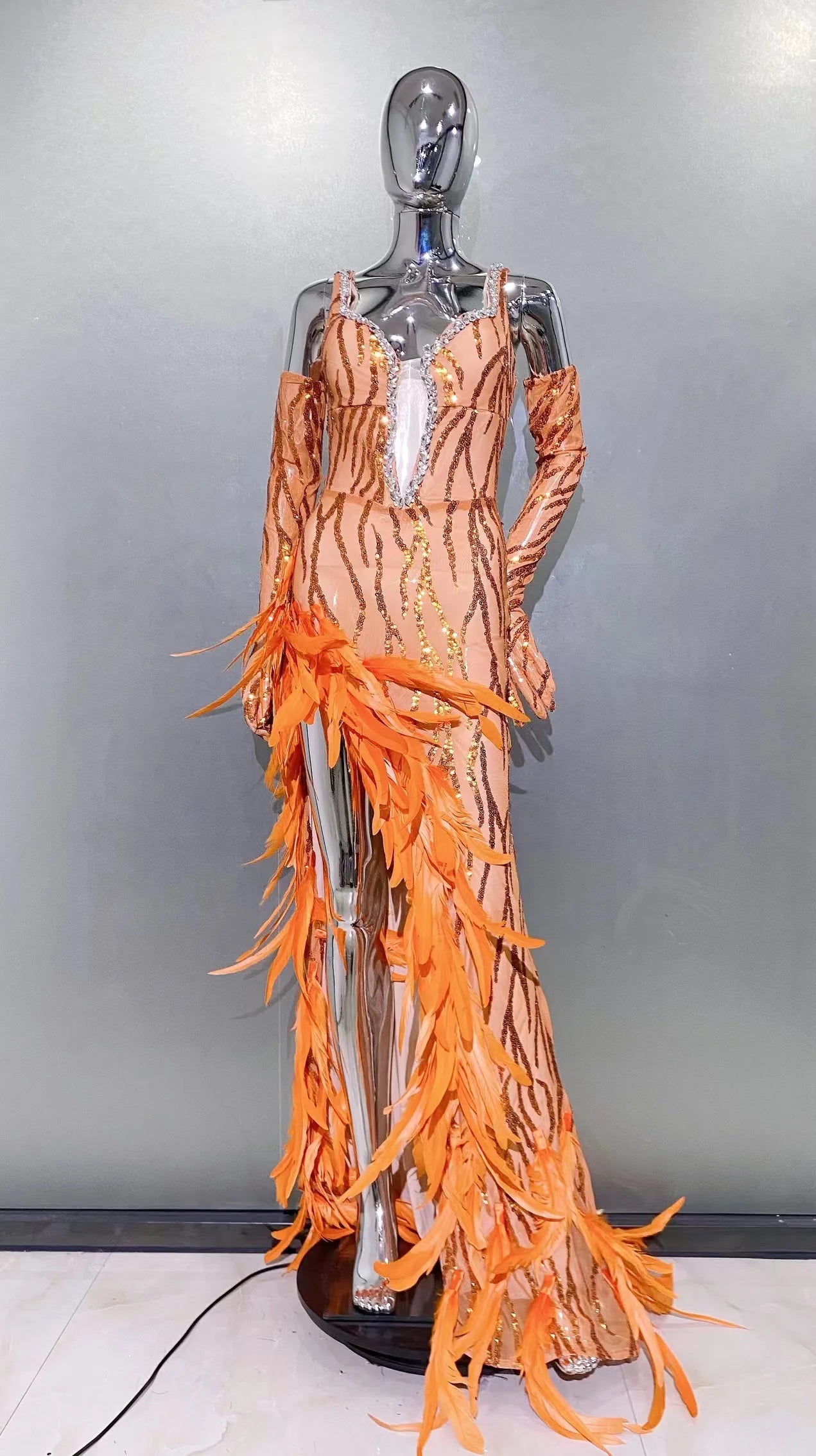 Women Luxury Sexy V Neck Feather Beading Mesh Sequins Sparkly Maxi Long Gowns Dress Elegant Celebrity Evening Party Club Dress Orange