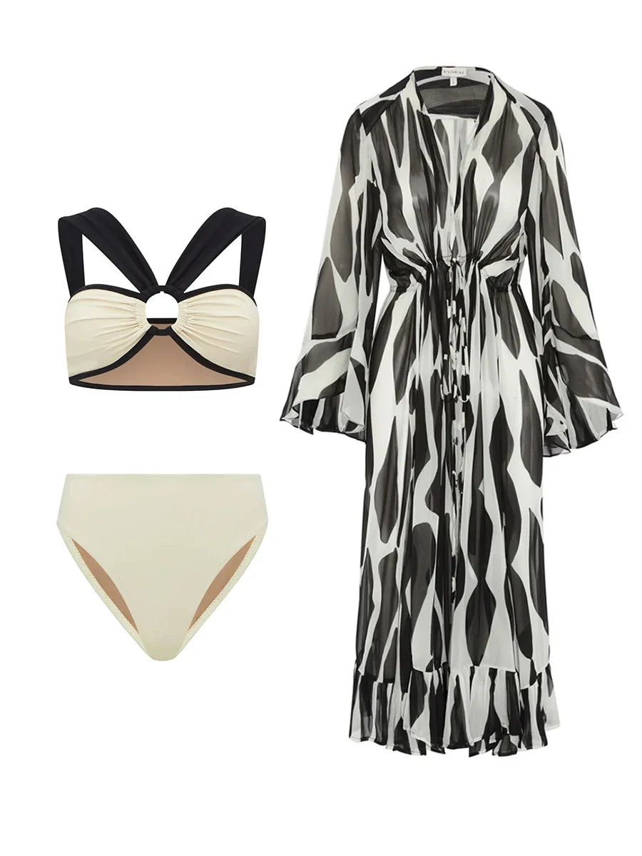 Milky White One-piece Swimwear Design Cut-out Stylish Elegant Swimsuit Body Fit Summer Vacation Seaside Swimsuit And Cover Up