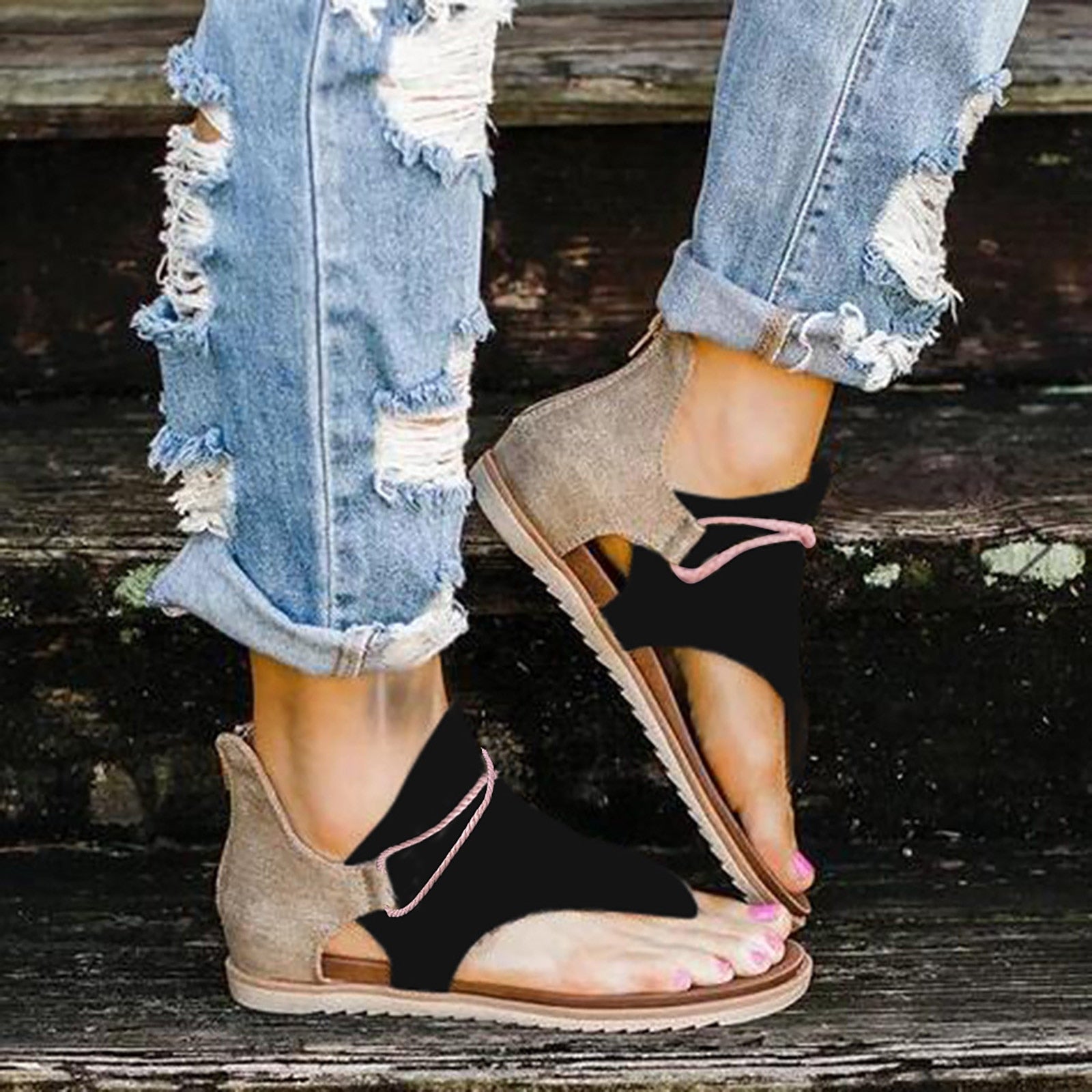 Women Summer Clip Toe Sandals Rear Zipper Comfortable Flats Shoes Lady Casual Mixed Colors Hollow Beach Sandalias Mujer 2024 Black