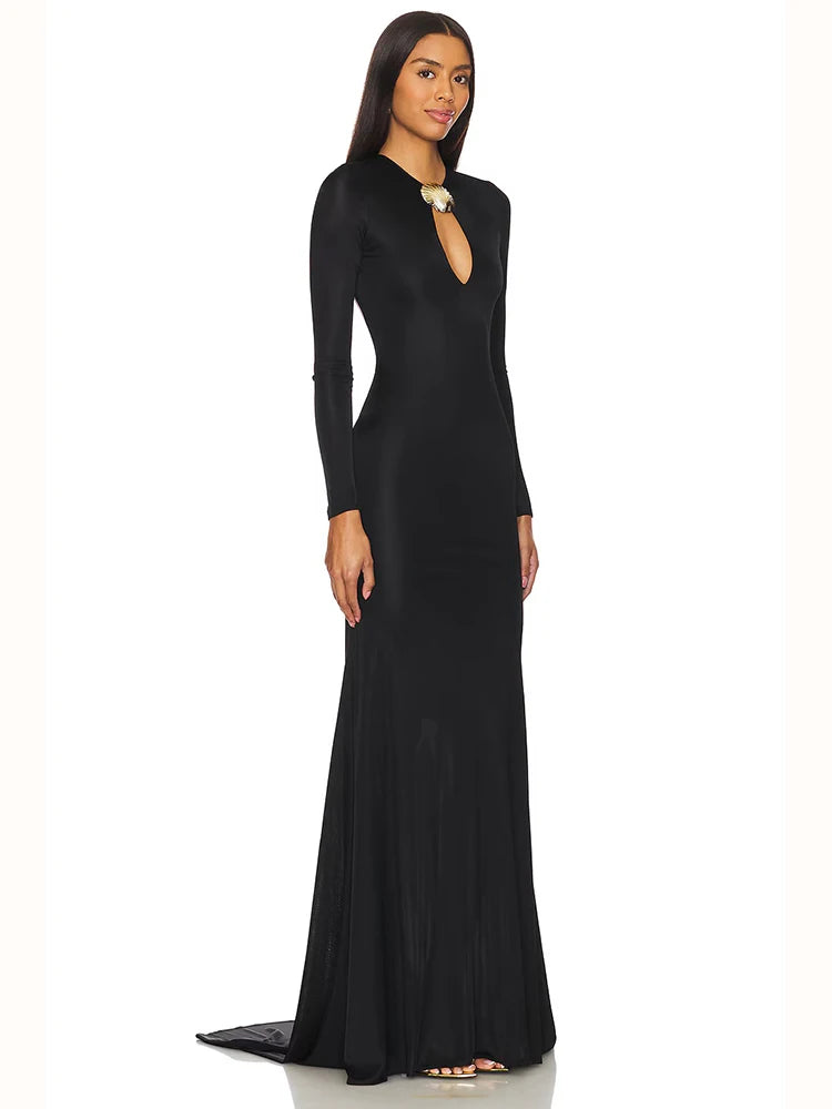 Sophisticated Long Sleeved Black Maxi Dress with Cut-Out and Open Back for Gala Affairs Evening Gown