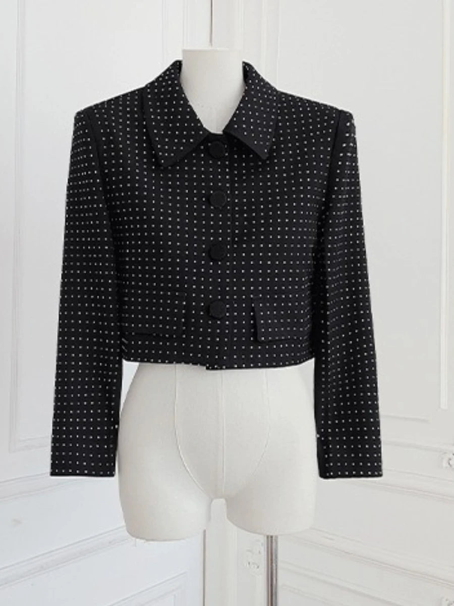 Slimming Spliced Hot Fix Two Piece Sets for Women Lapel Long Sleeves Patchwork Single Breasted Top Skirt Set Female BLACKTOP