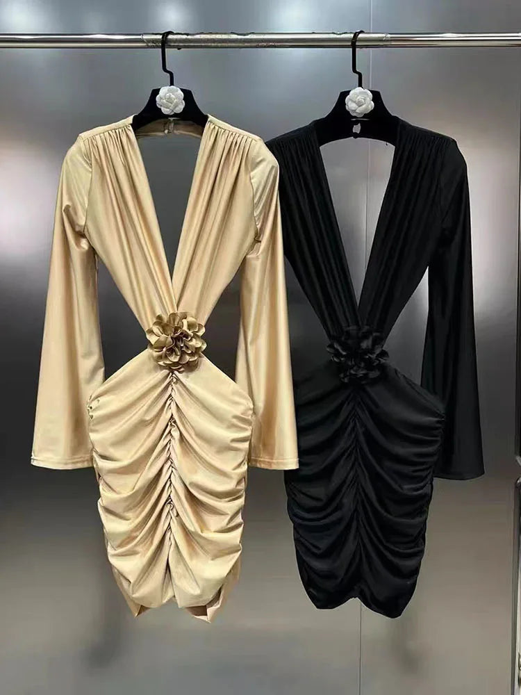 DEAT New Items Trendy Women's Wrinkled 3D Flower Chest Pad Dress Spring Fashion Long Sleeves V-neck Dresses Female 11XX8774