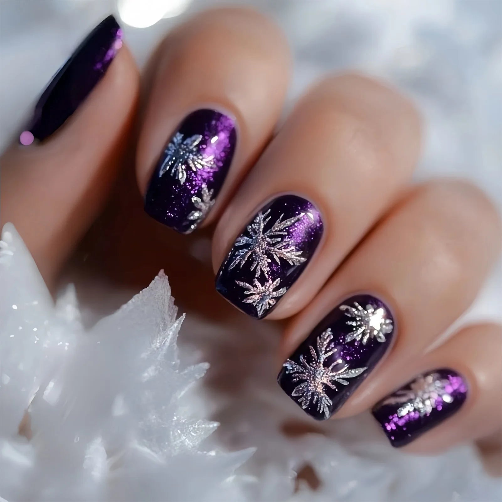 24Pcs Glossy Purple Fake Nails White Snowflake Printed Square Press On Nails Women Christmas Party False Nails DIY Manicure As show