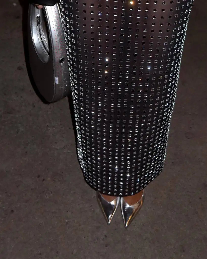 Shining Square Diamonds Sexy Mesh See Through Black Long Skirt Fashion Woman High Street Wear Evening Party Outfit