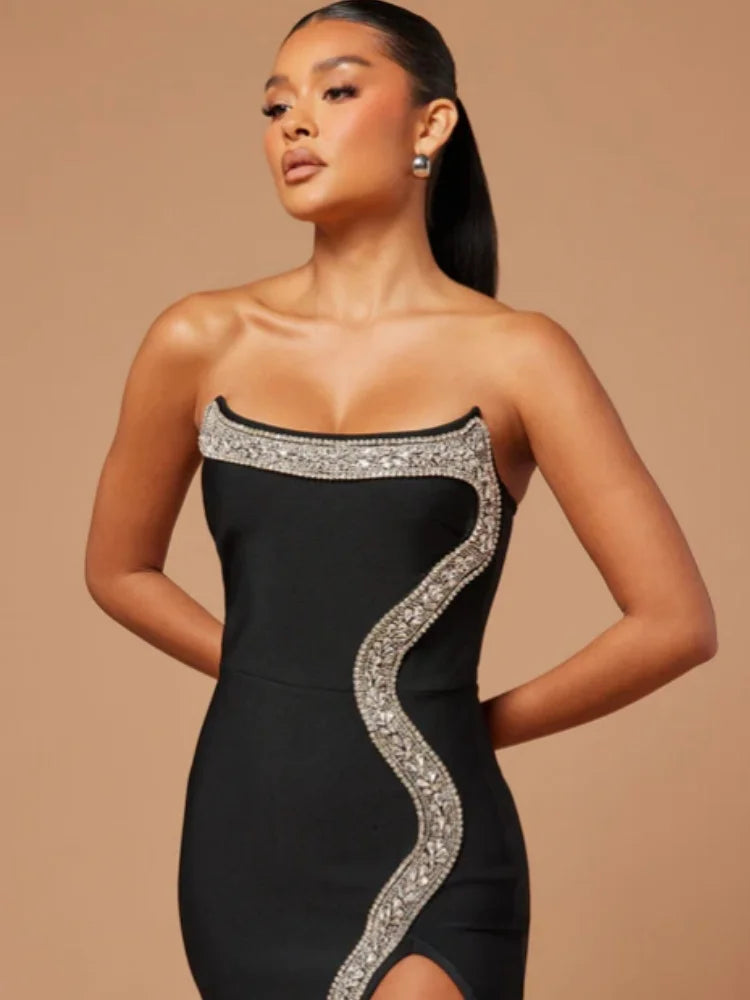 Red Black Women Sexy Strapless Shinning Diamond Line Bodycon Long Bandage Dress Elegant Birthday Party Cocktail Dress Outfit