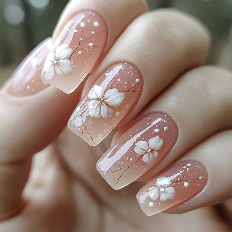 24pcs/set Medium long fake nails yellow dragon flowers feather design for Spring summer Square almond tips press on false nail 2216