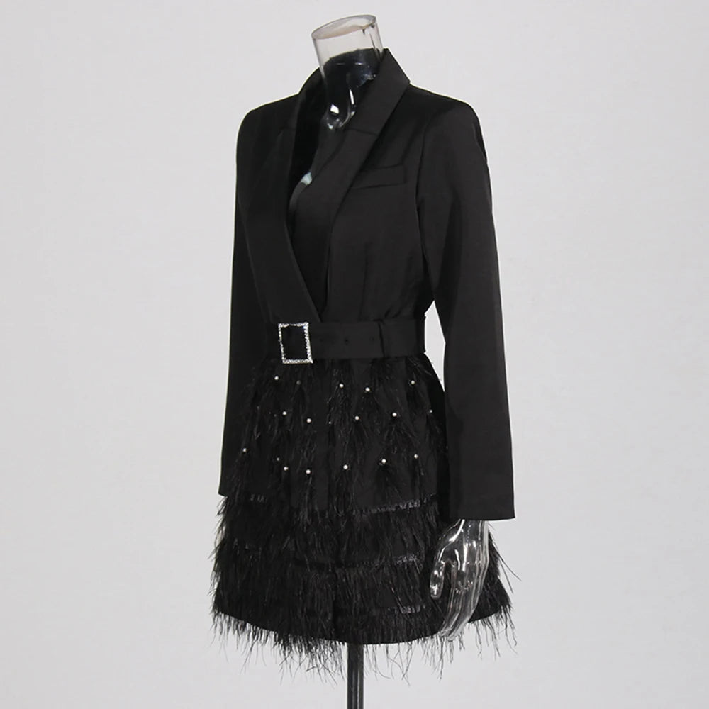 Solid Spliced Bead Fashion Mini Dresses for Women Lapel Long Sleeves Patchwork Button Elegant Dress Female Clothing