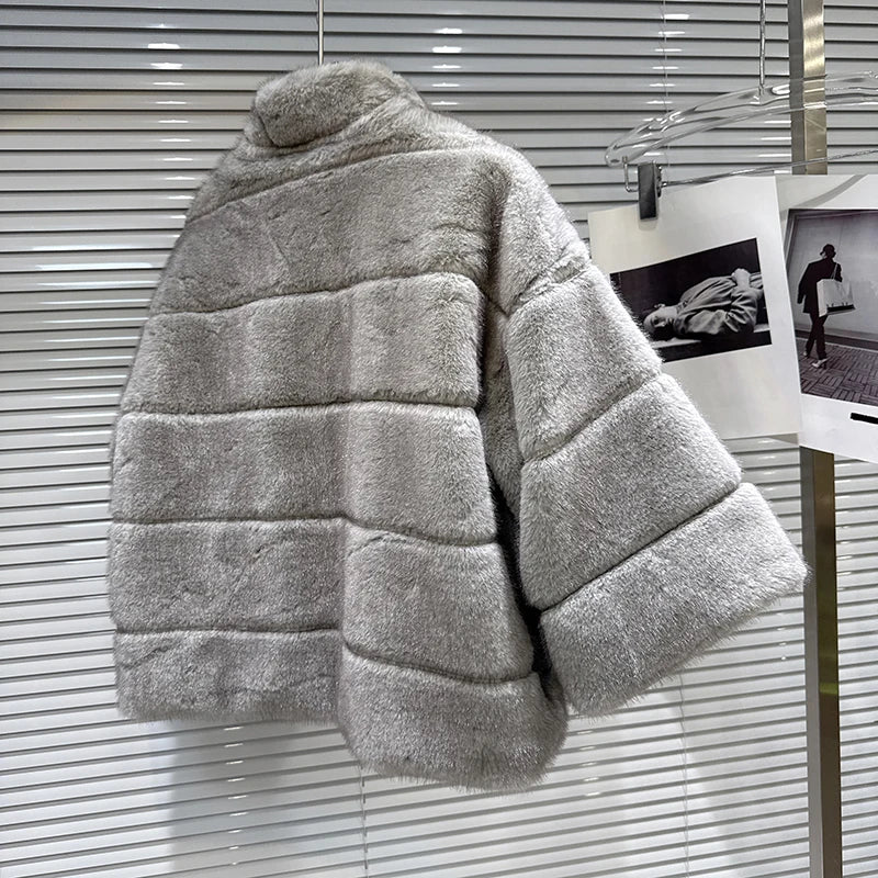 Winter New Fashion Versatile Stand Collar Faux Fur Shawl Coat For Women High Quality Solid Color Top Female 11A07758