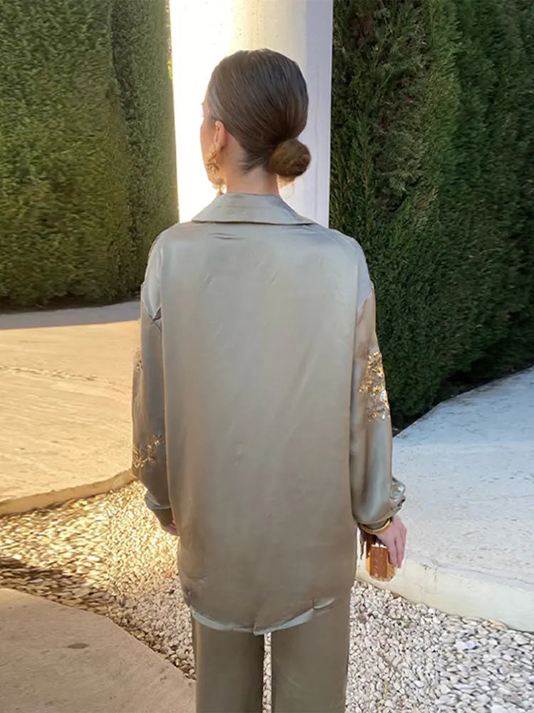 Fashion Print Sequin Shirt 2 Piece Sets For Women Loose Lapel Long Sleeves Top Wide Leg Pants Suits Lady Elegant Outfits