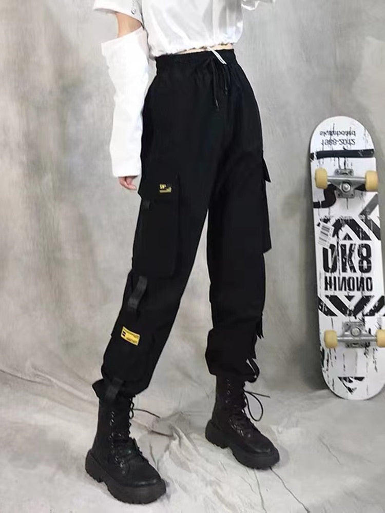 Pantalon Cargo sarouel pour femmes, mode Punk, poches, survêtement avec chaîne, Harajuku, élastique, taille haute, Streetwear