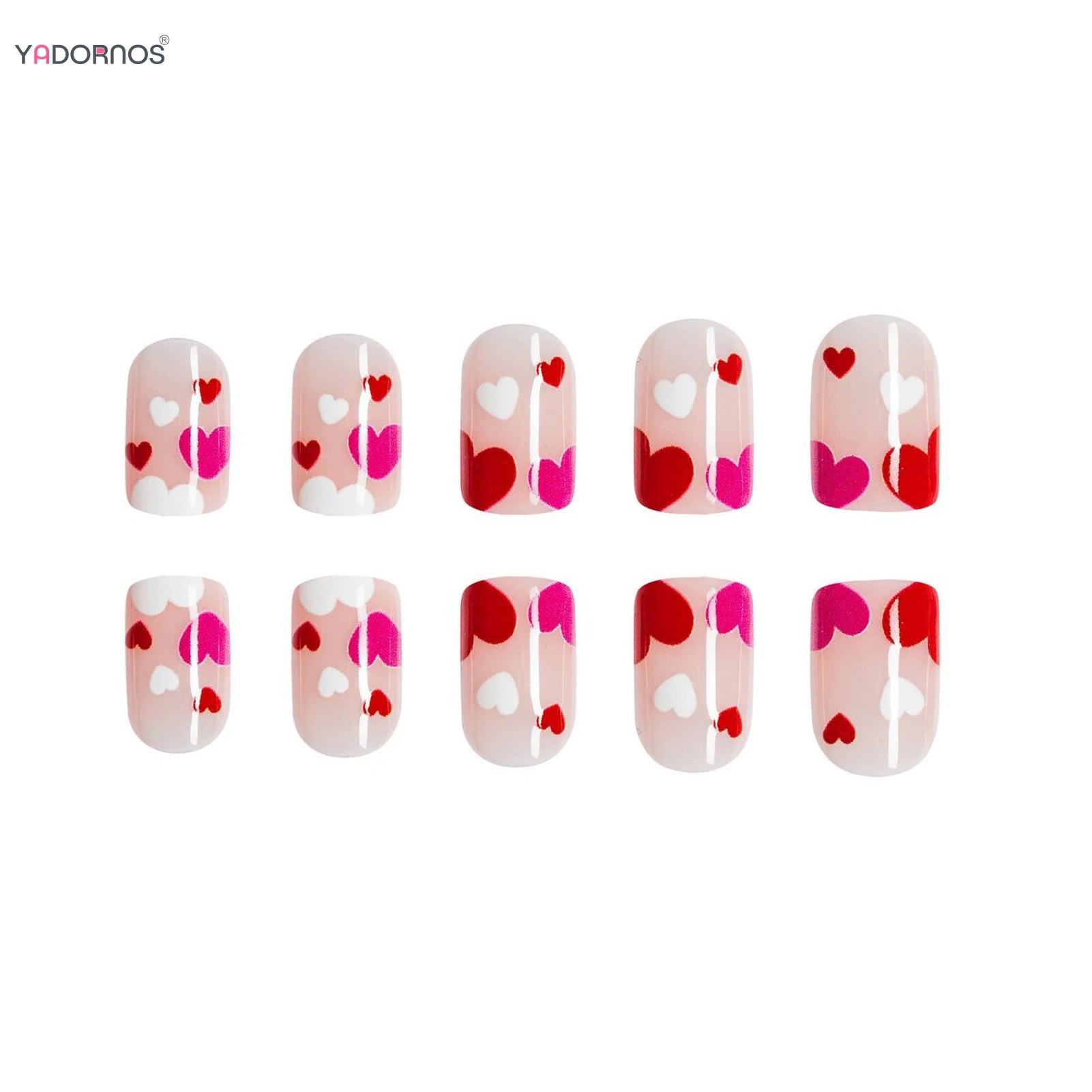 Retro Short Almond Fake Nails 24Pcs Red/White Press On Nails Love Heart/Flower/Butterfly Printed Women Valentine's Day Nails Art