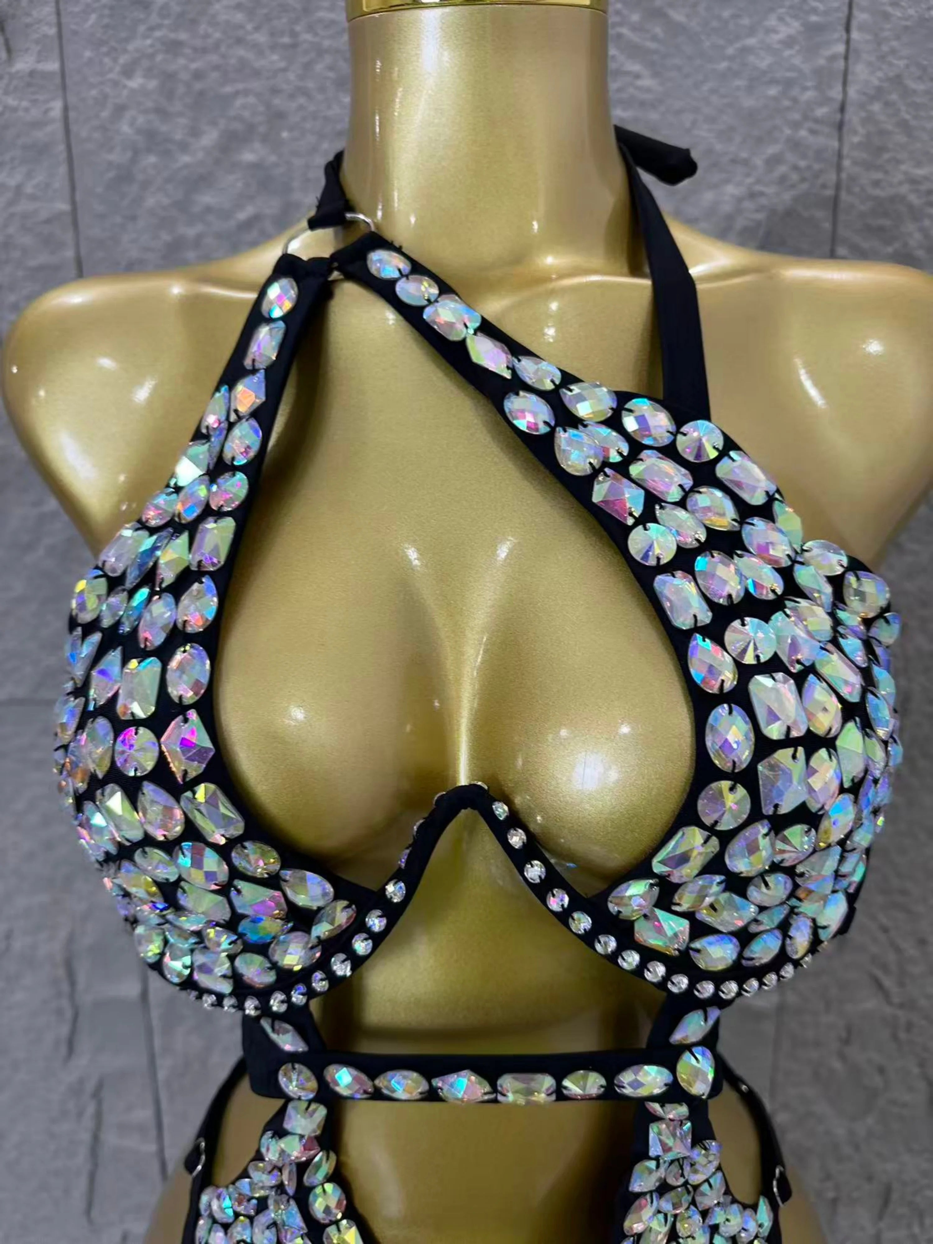 Gold Luxurious Black Bodysuit Women Sexy Halter Neck Iridescent Crystal Embellished Cutout Outfit Stage Performance Costume