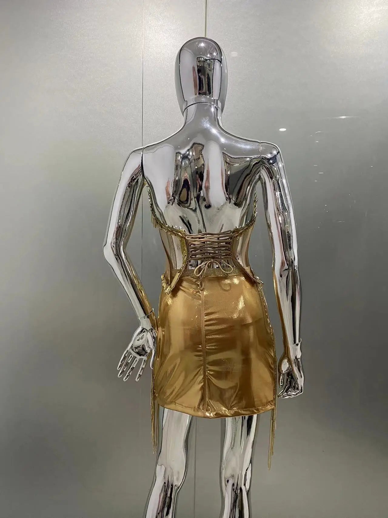 Gold Color Women Sexy Strapless Shinning Crystal 2 Pieces Bodycon Mini Dress Nightclub Party Performance Costume Birthday Dress