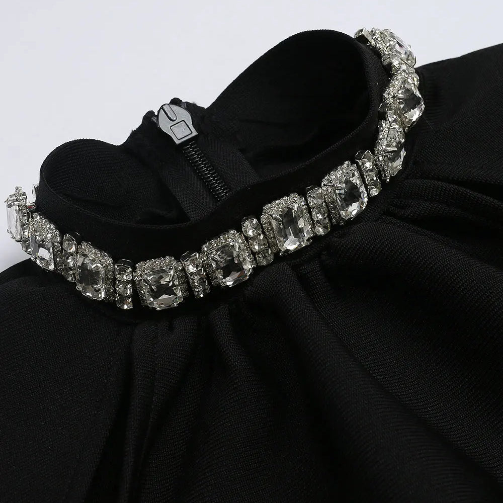 2025 Sexy Women's Light Luxury Nail Bead Hollow Bandage Dress O-neck Trumpet Sleeve Feather Design Bodycon Mini Dress Vestidos