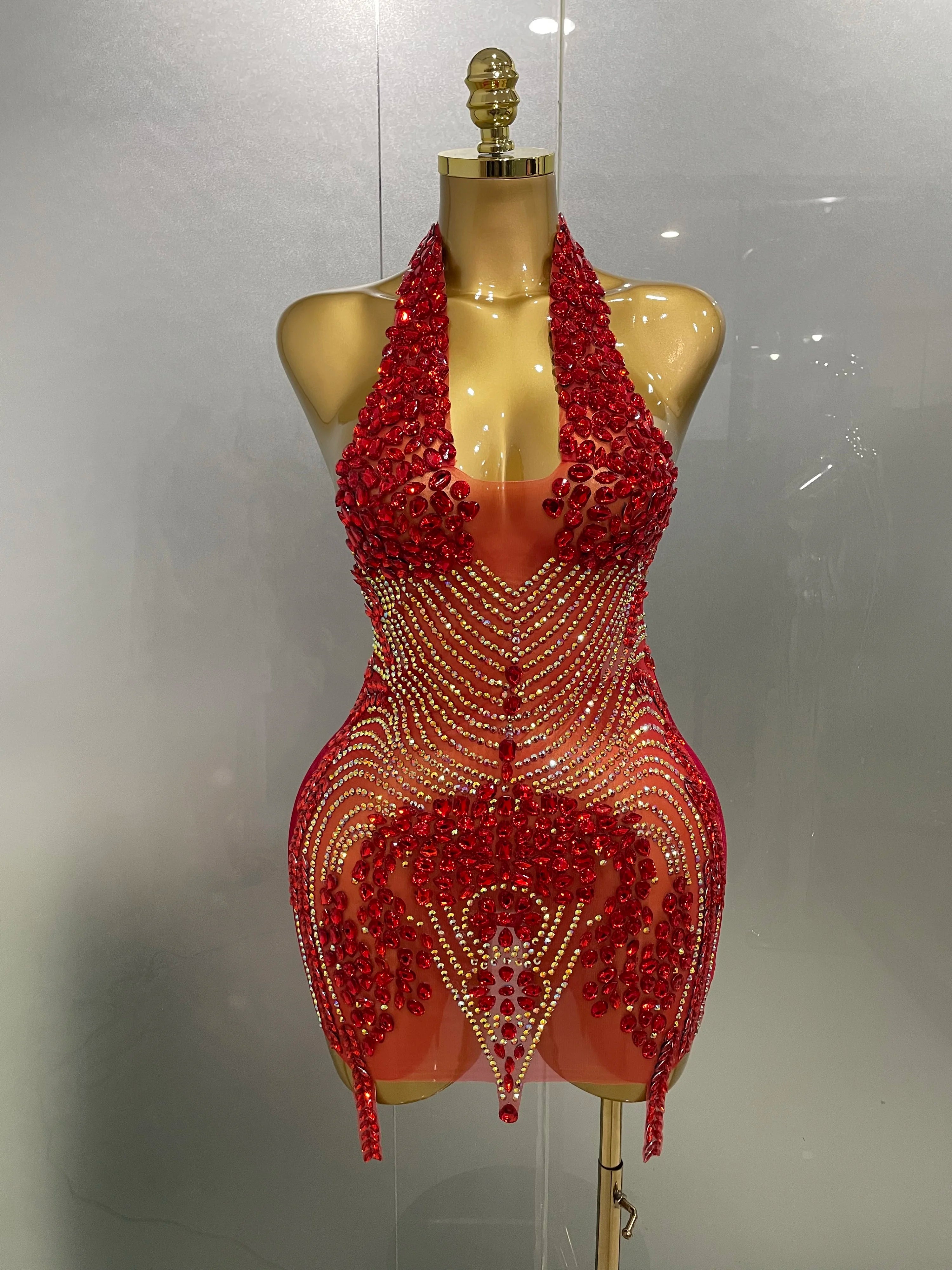 Sexy Red Sparkly Rhinestones Halter Backless Velour Short Dress 2025 New Women Evening Prom Celebrate Birthday Party Stage Wear Red