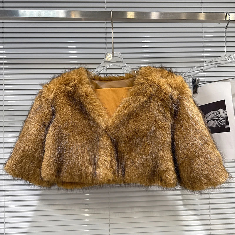 Winter Fashion Faux Fur Short Coat Shawl For Women Solid Color V-neck High Waist Tops Female 11A07686 Brown