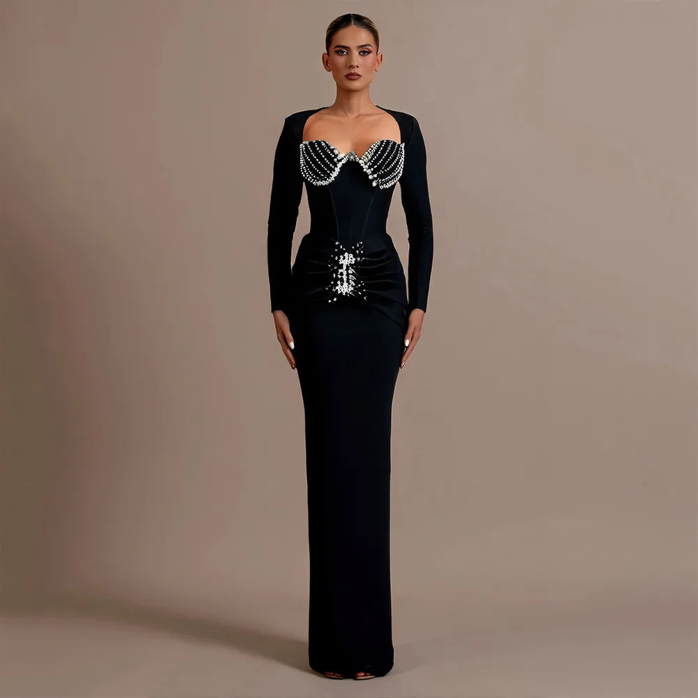 Top Quality Women Long Sleeve Sexy Square Collar Shinning Diamond Bodycon Long Bandage Dress Elegant Evening Party Cocktail Wear black