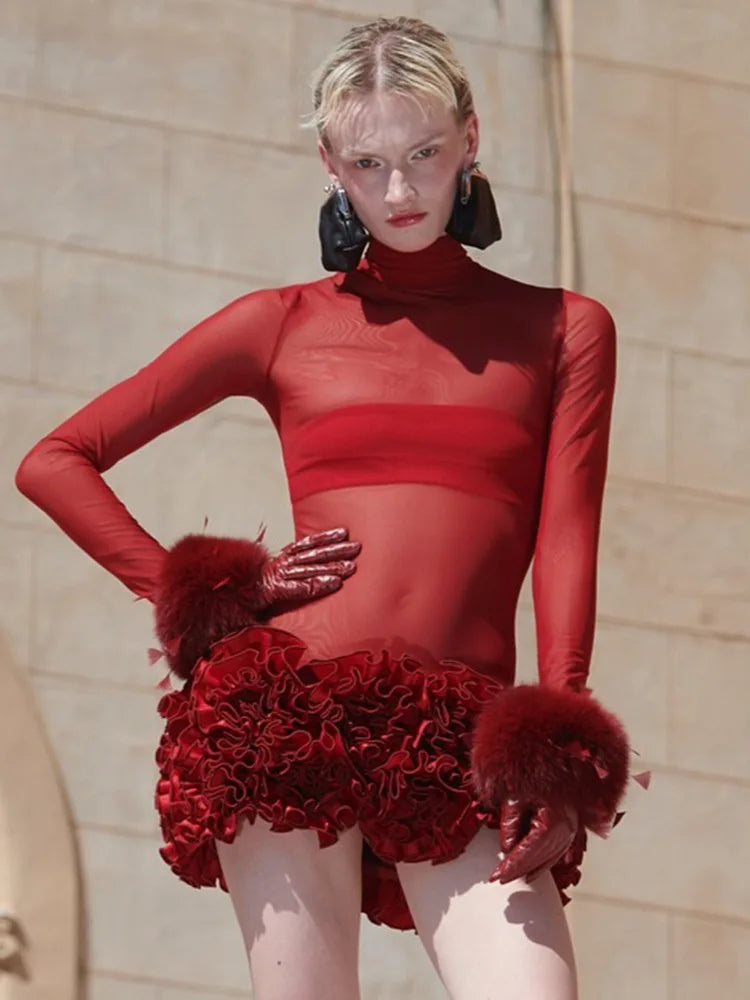 Christmas Women Sexy Mesh See Through Bodycon Mini Bandage Dress Florals Nightclub Party Bar Singer Performance Costume