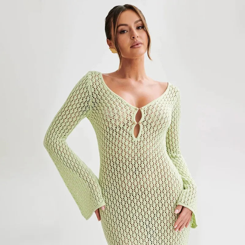 Sexy Women Long Knit Beach Dress Hollow-Out Deep V-Neck Long Sleeve Bikini Cover-Ups Dress Fall Backless Holiday Dress Green