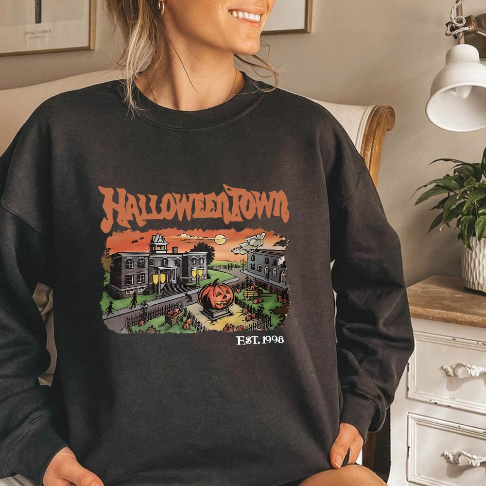Retro HalloweenTown 1998 Crewneck Sweatshirt Halloween Shirt Funny Halloween Party Sweater Fall Pumpkin Tshirts Halloween Gift Black