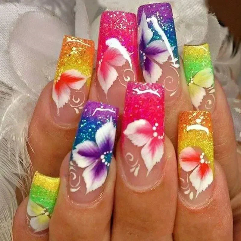 24Pcs Wearable Colorful Butterfly Designs French Press on Nails Long Ballet False Nails with Rhinestone Acrylic Fake Nails Tips