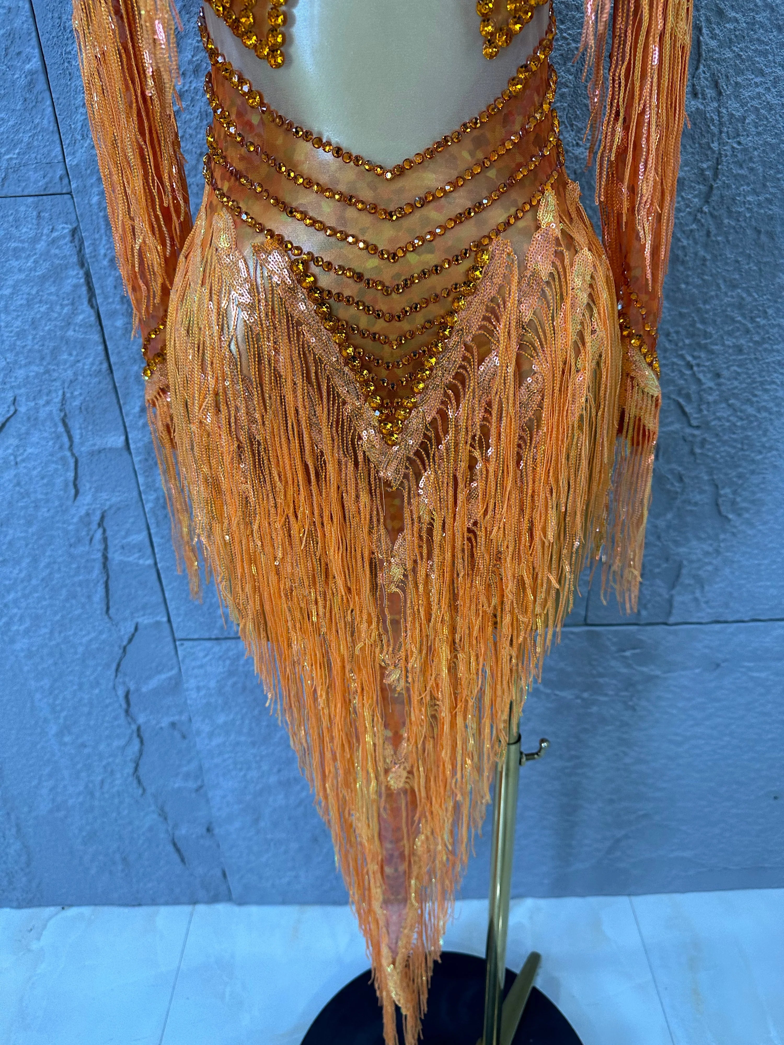 Sparkly Orange Rhinestone Fringe High Neck Dress Women Sheer Mesh Embellished Latin Dance Performance Costume