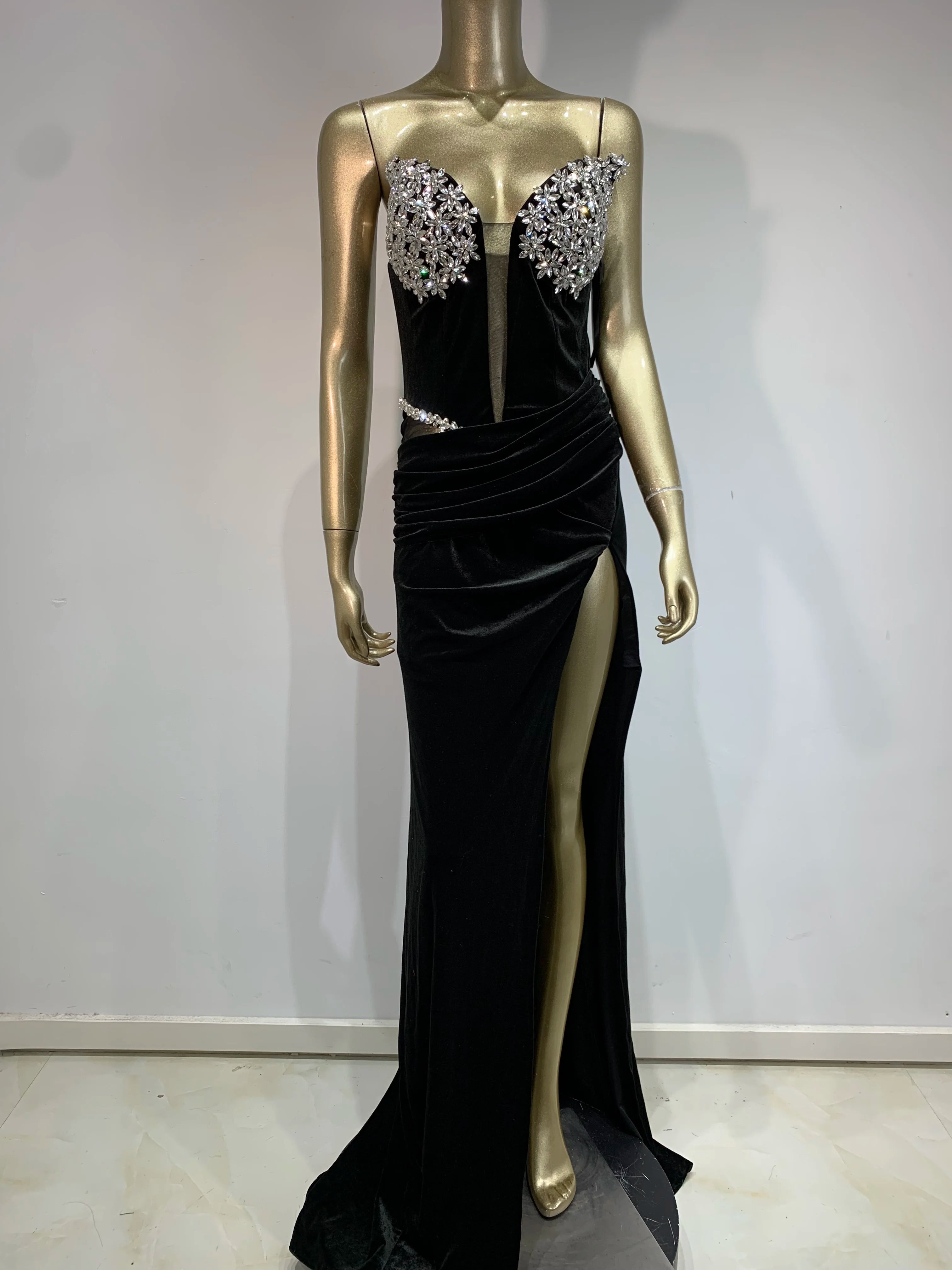 Sexy Strapless Backless Split Diamonds Black Velvet Maxi Long Women Celebrity Dress 2024 Elegant Party Evening Club Vestido