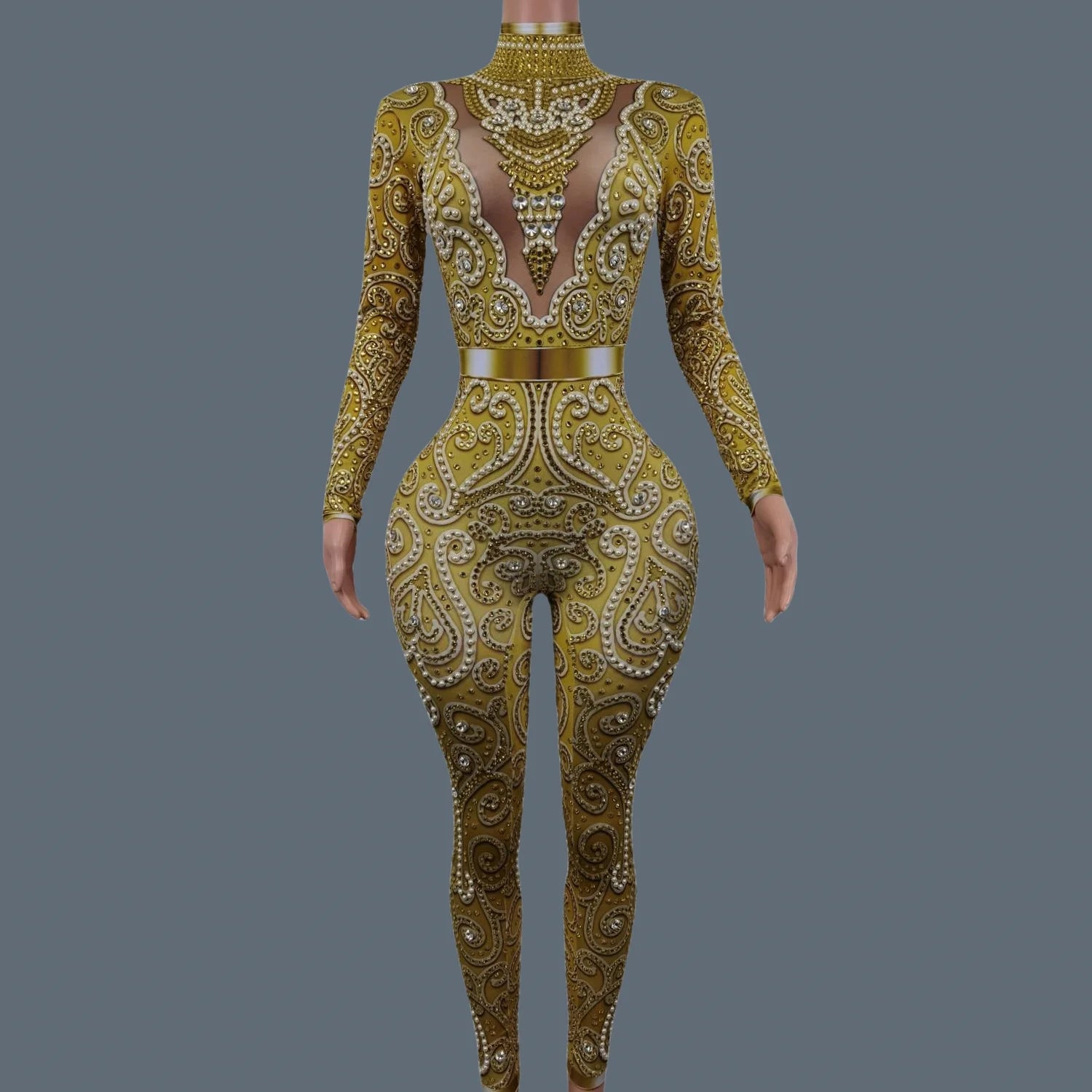 Classic Rhinestones Pearls Spandex Jumpsuit Women Nightclub Party Elastic Sexy Bodysuit Showgirl Performance Stage Wear Quanquan Gold One Size