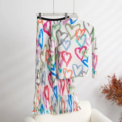 Spring Autumn Runway 2 Pieces Sets Women's Turtleneck Flower Print Stretch Pullover Top+Long Pleated Skirt Suit Female Outfits beige