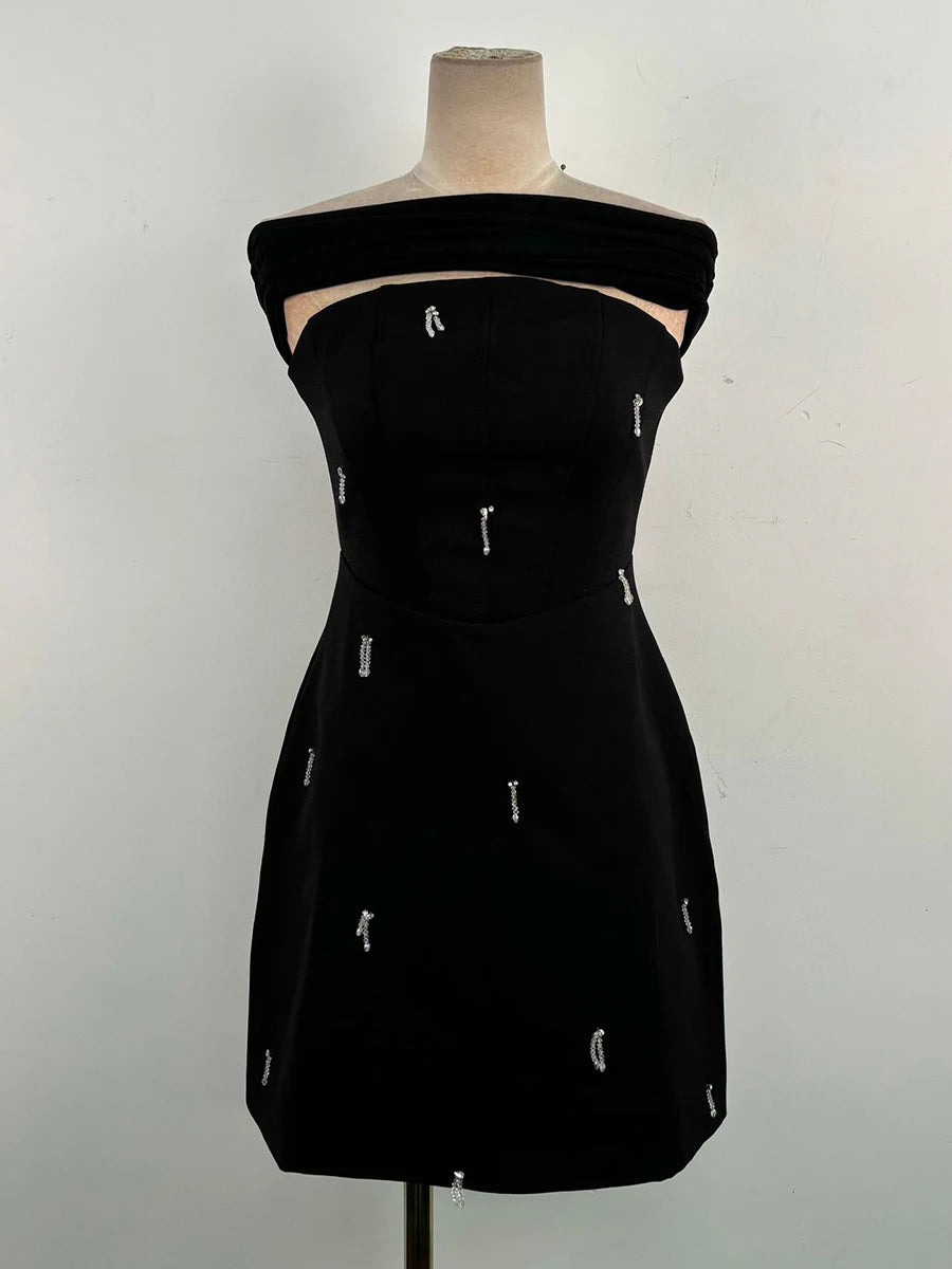 Solid Slimming Spliced Bead Elegant Dresses for Women Strapless Sleeveless Temperament Mini Dress Female Fashion
