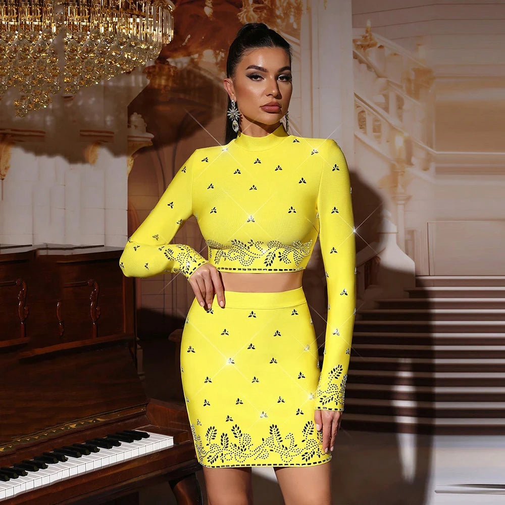 Modphy Black Yellow Rhinestone Bandage Two-Piece Set Women Long Sleeve Sexy Short Tops Bodycon Skirt Mini Sets Fashion Outfit Yellow