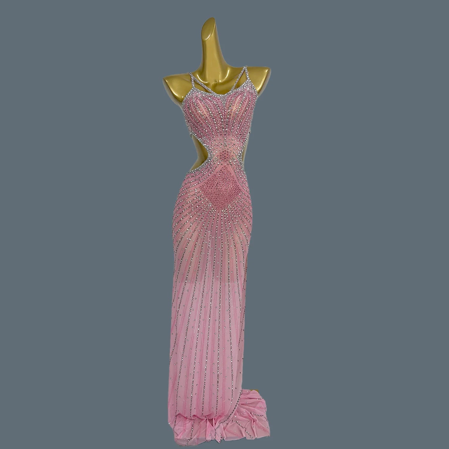 Sparkly Rhinestone Long Dress Women Sexy Mesh Birthday Celebrate Evening Dress Party Photo Shoot Wear Performance Costume Xigua Pink One Size