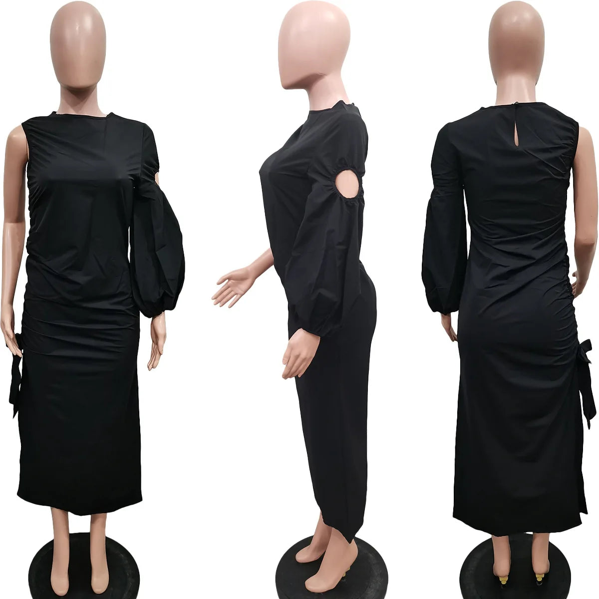 Women Cutout One Long Sleeve Ruched Side Split Maxi Bodycon Midi Dress 2023 Winter Vintage Sexy Party Dresses Vestidos