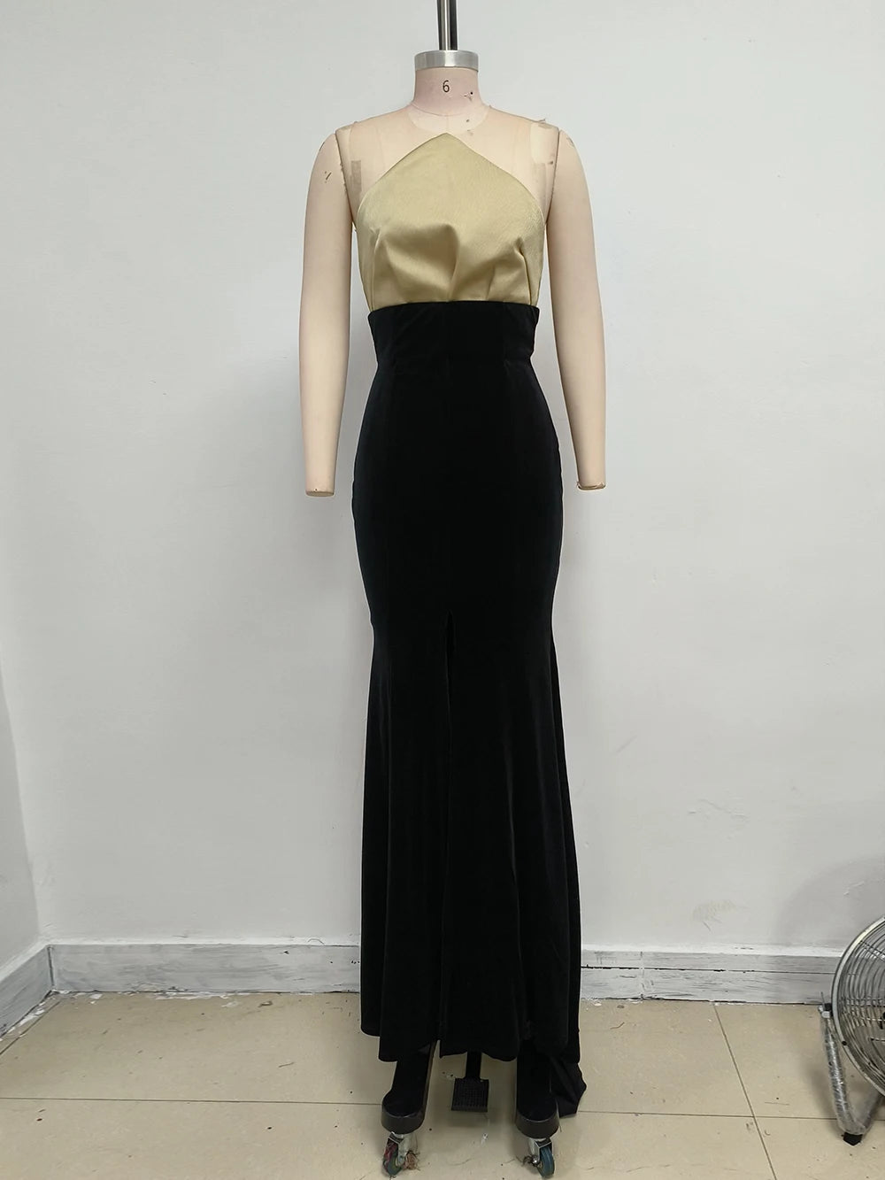 UpAvonu Elegant Strapless Patchwork Velvet Mermaid Long Dress Women Sexy Sleeveless Folds Slim Evening Runway Party Gown