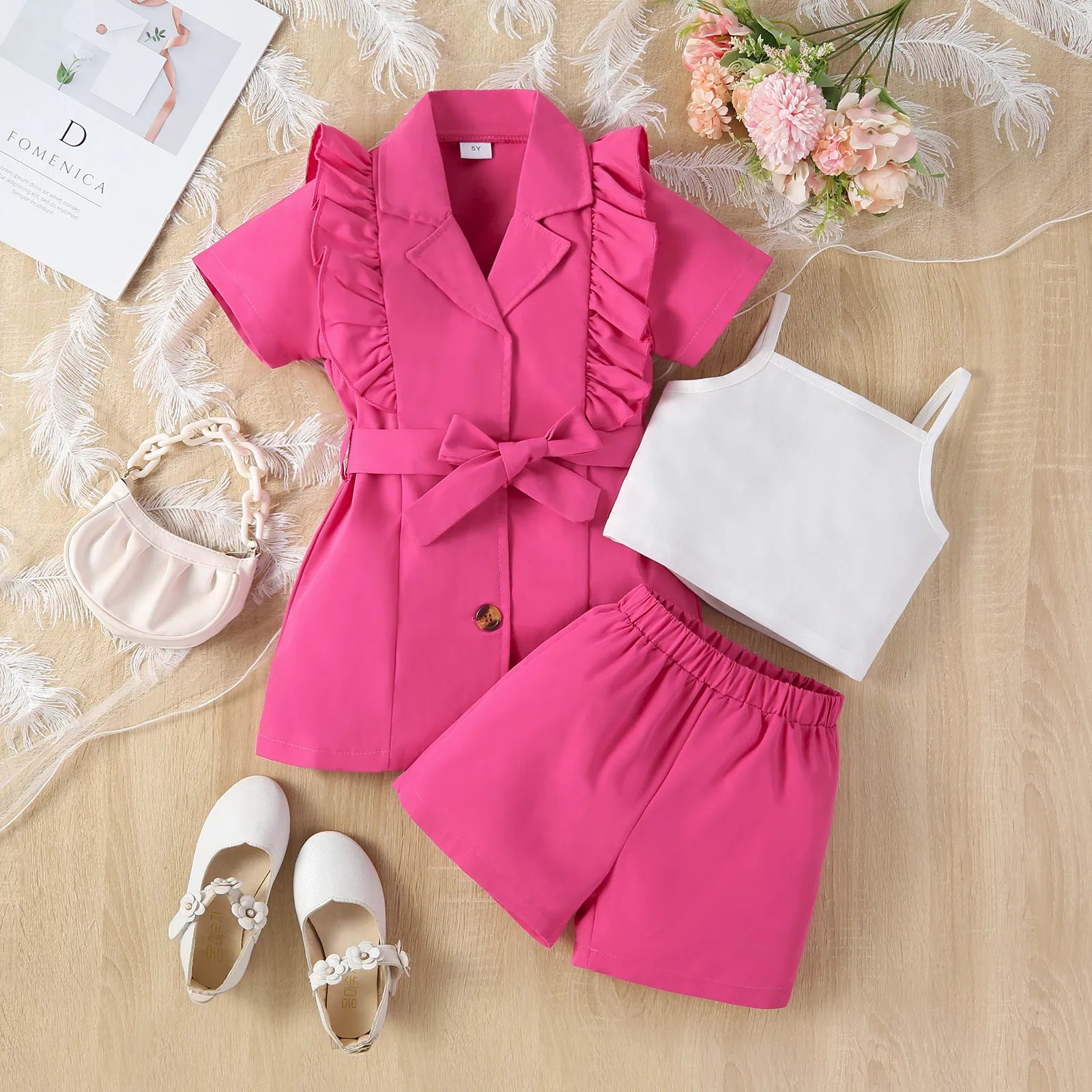 Summer Girl Suit Strap Solid Color+Short Sleeved Lapel Suit Jacket+Shorts 3Pcs Girls Outfits Korean Kids Children Clothing Sets Rose