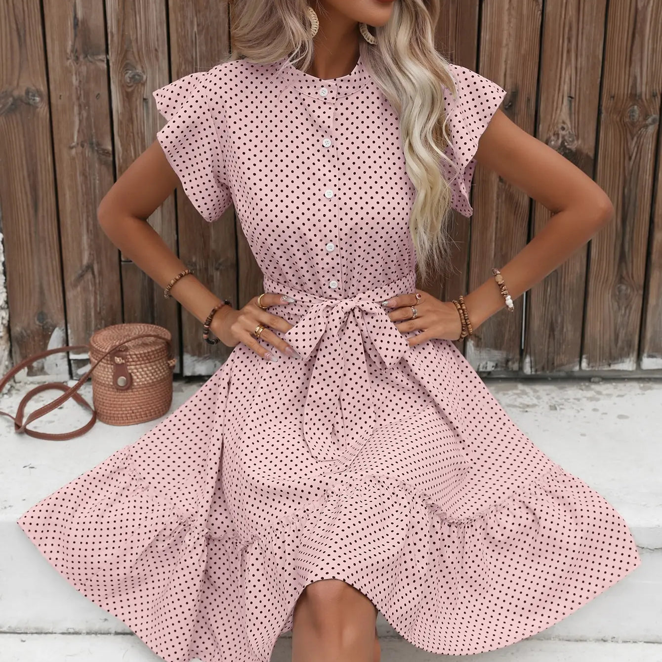 European and American women's polka dot printed butterfly sleeves with ruffled edges and wide pine hem waistband dress Pink
