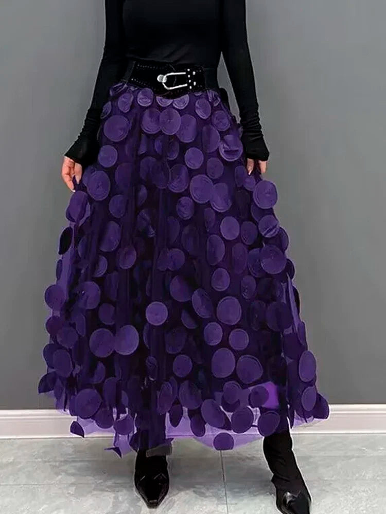 S-3XL Retro Goth 3D Design Polka Dot Tulle Mesh Skirts Womens Spring Summer High Waist Elastic Midi Long Tutu Skirts Female