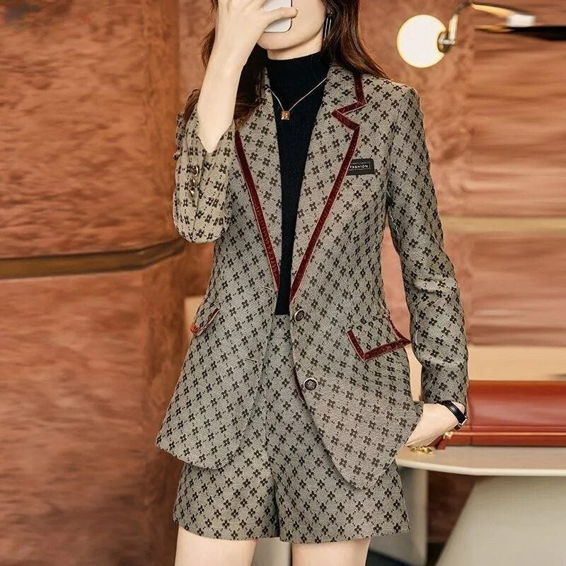 シニアカーキ春レディース韓国のエレガントなファッショナブルなブレザーセット女性スーツ作業服オフィス秋カジュアルパンツジャケット
