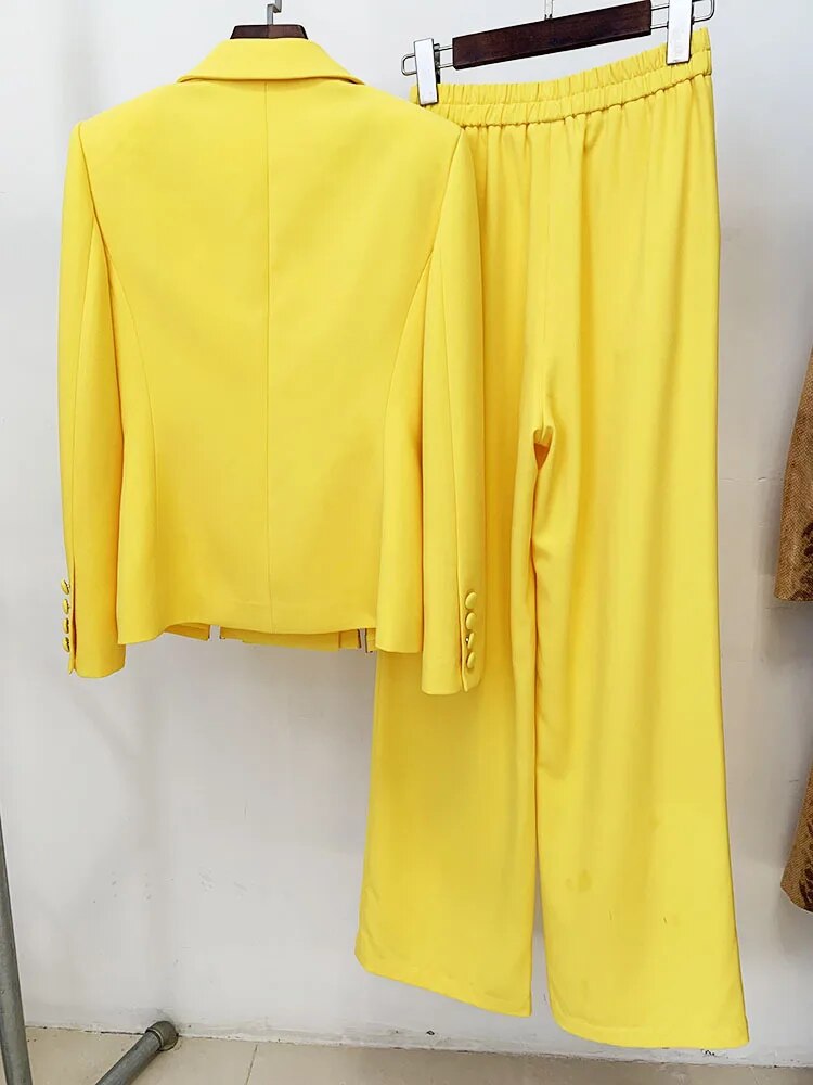 Yellow Pants Set 2024 New Designer Blazer with Diamond Striped Split Suit Jacket Straight Trouser Two Piece Set Outfits Women