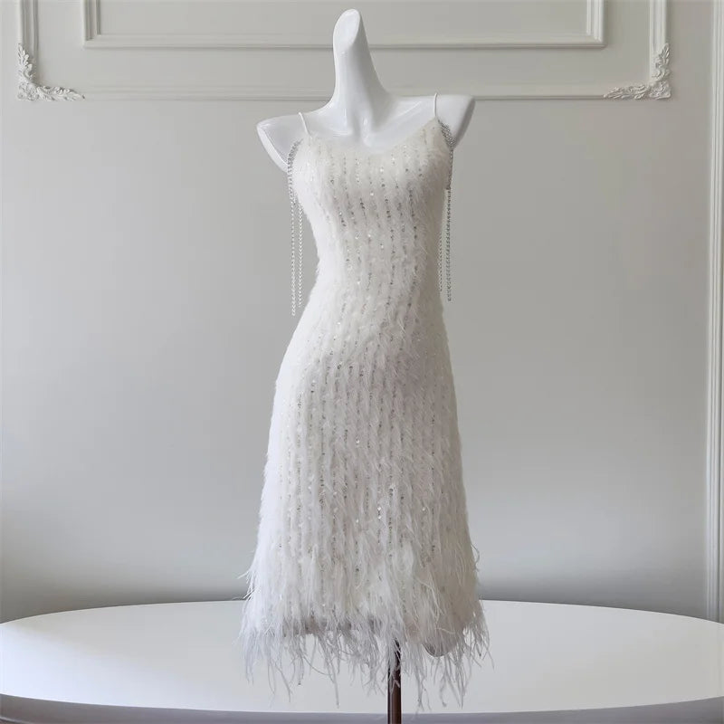 Fashion Women Dress Heavy Industry Feather Sequins White Women's Suit Coat Winter Evening Party Dresses Female Stage Costumes white dress