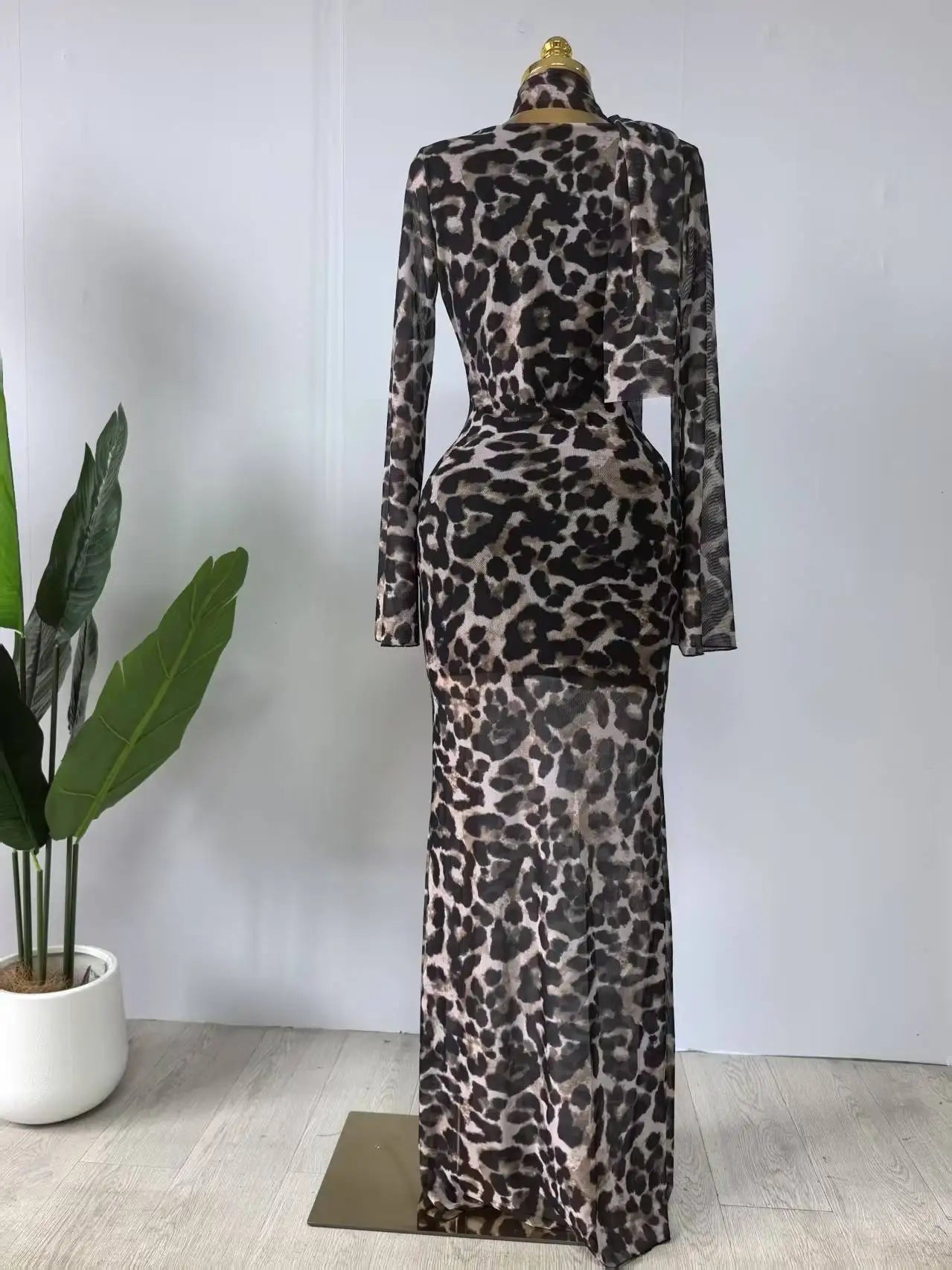 Women Full Sleeve Pile Collar leopard print Long Maxi Dress Holiday Beach Birthday Evening Sexy Party Dresses Vestidos