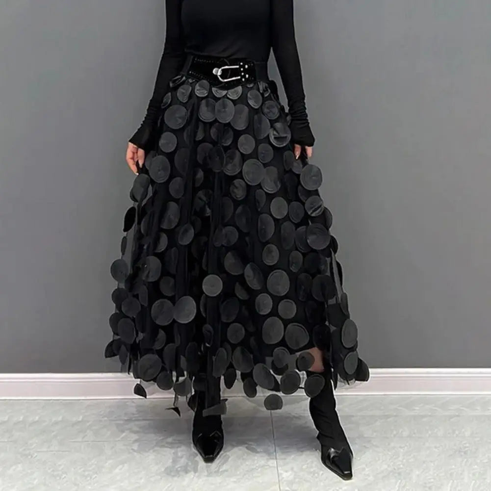 Women High Waist Skirt Hem Skirt Vintage A-line Maxi Skirt with 3d Dot Decor High Waist Women's Retro Solid Color Long Elastic