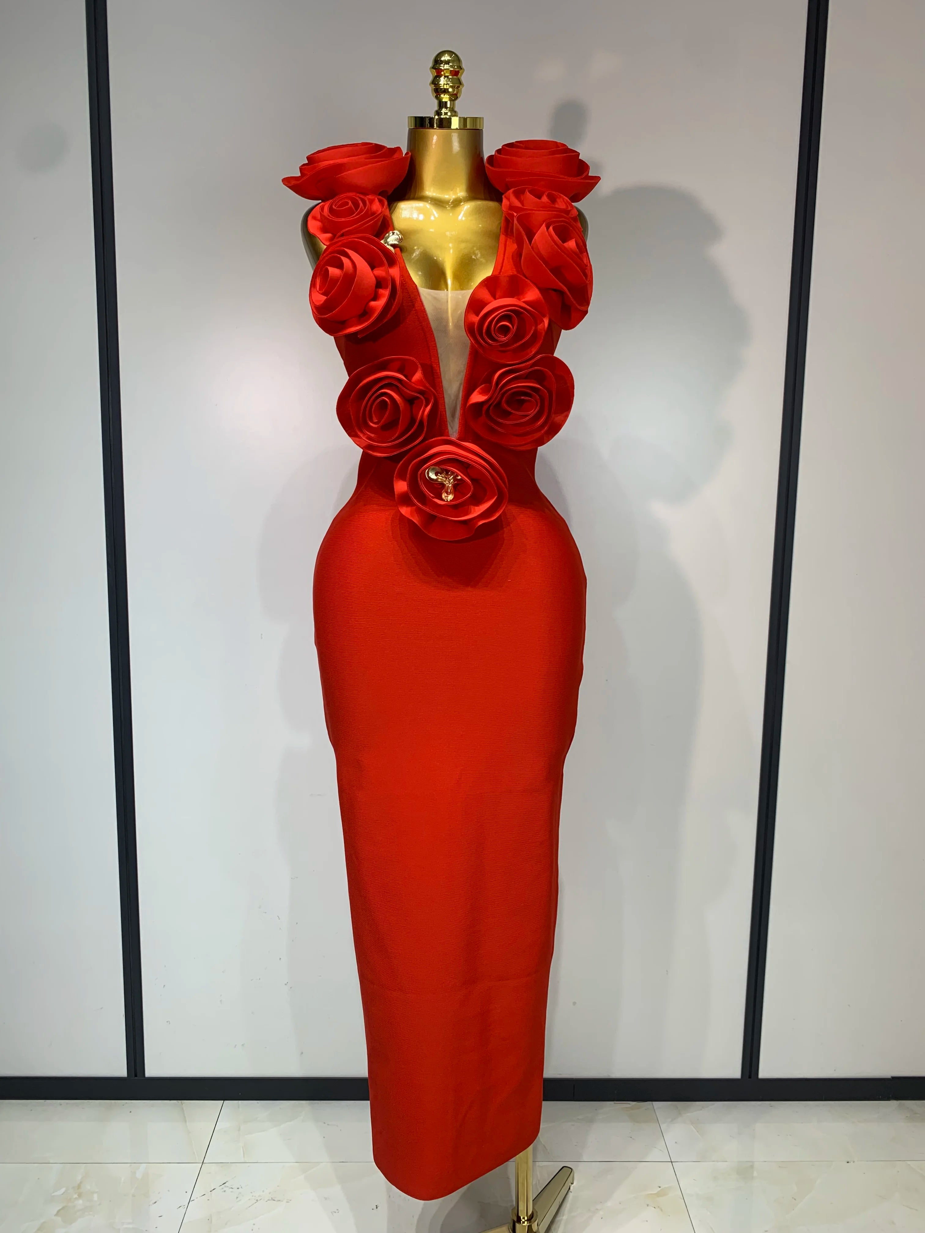 Fashion Black 3D Flower Bodycon Long Bandage Dress Celebrity Elegant Party Birthday Dress Women's Sleeveless Sexy Vestidos Red