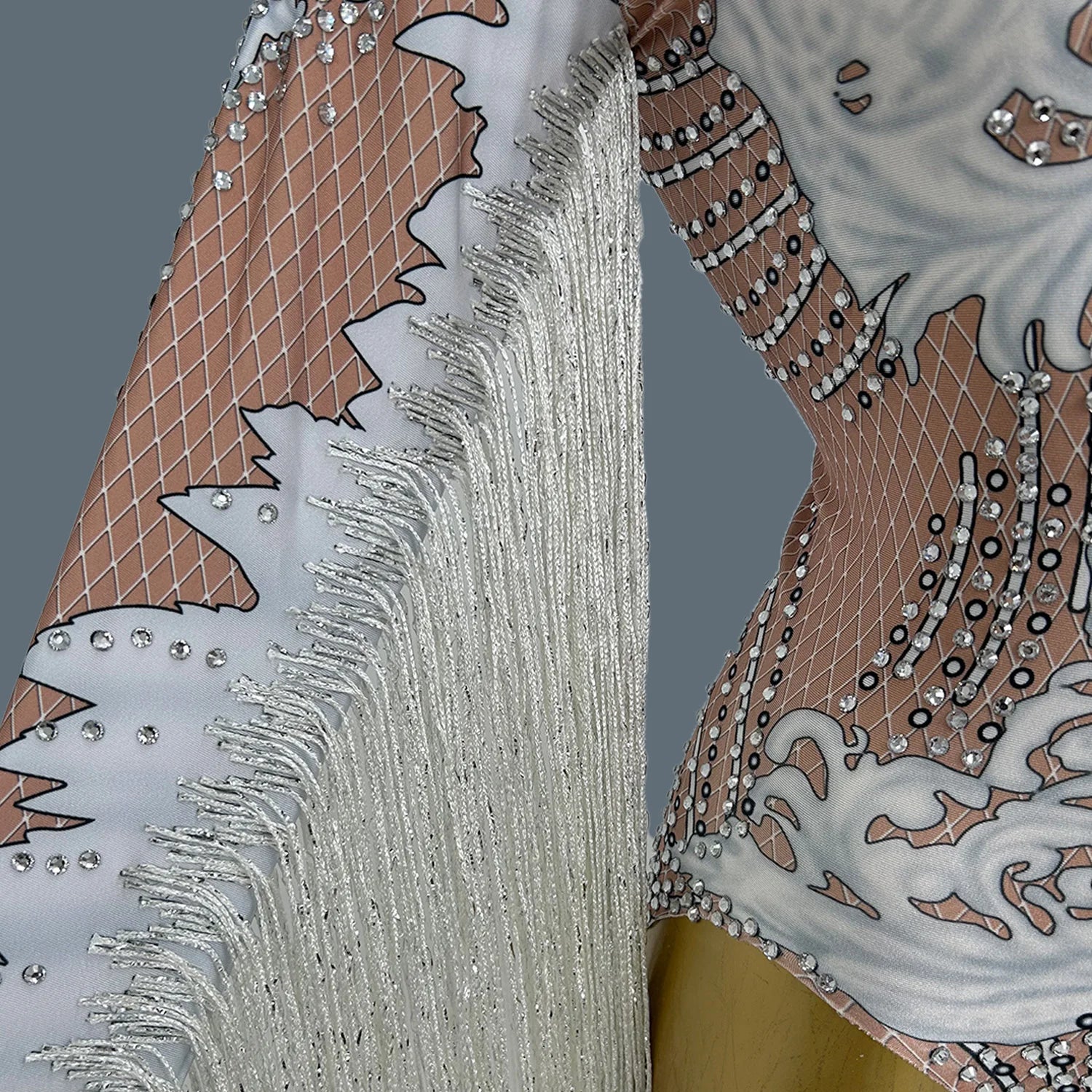 Fashion Print Rhinestone Tassel Rompers Ladies Short Bodysuit Slim Fit Show Dance Leotard Women Stage Performance Jumpsuit Tiane