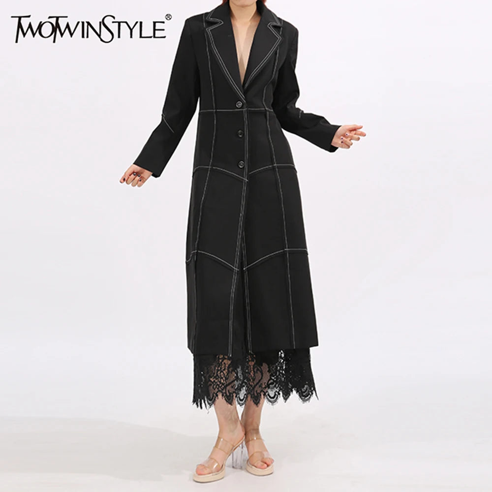 Slimming Spliced Single Breasted Elegant Trench for Women Lapel Long Sleeves Temperament Jacket Femlae Clothing New