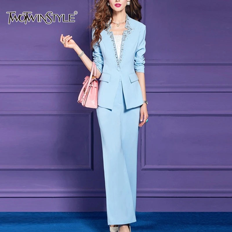 Slimming Spliced Bead Two Piece Sets for Women V Neck Long Sleeves Patchwork Button Top High Waist Pants Set Female