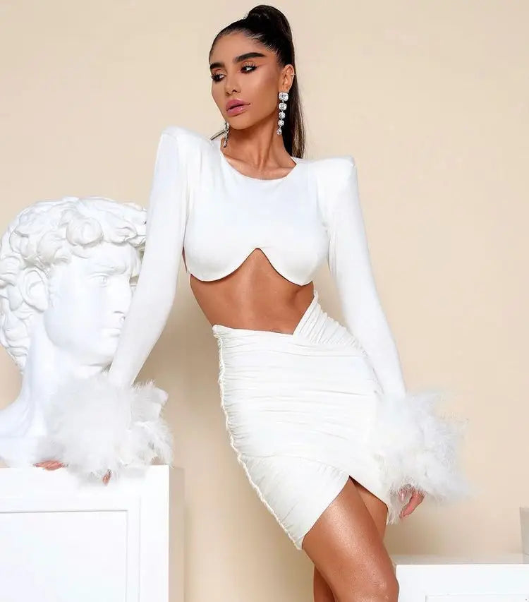 Black White New Winter Women Long Sleeve Feathers Sexy Waist Hollow Out Bodycon Mini Dress Rayon Bandage Fashion Nightclub Wear WHITE