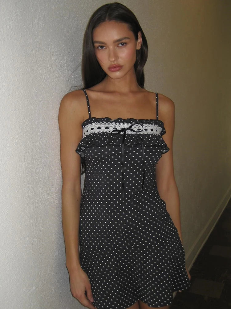 Mozision Spaghetti Strap Polka Dot Mini Dress For Women Robe Contrast Color Off-shoulder Sleeveless Backless Club Party Dress