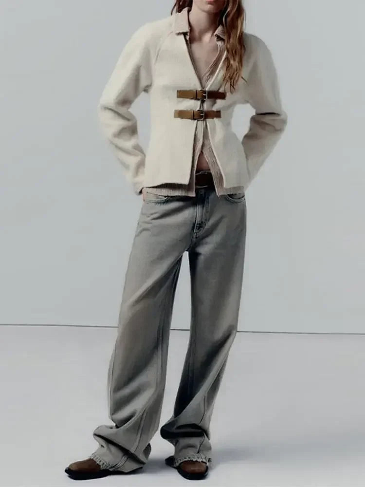 Vintage Leather Buckle Woolen Coat For Women Fashion V Neck Long Sleeve Cropped Jacket Spring Female High Street Outerwear Beige